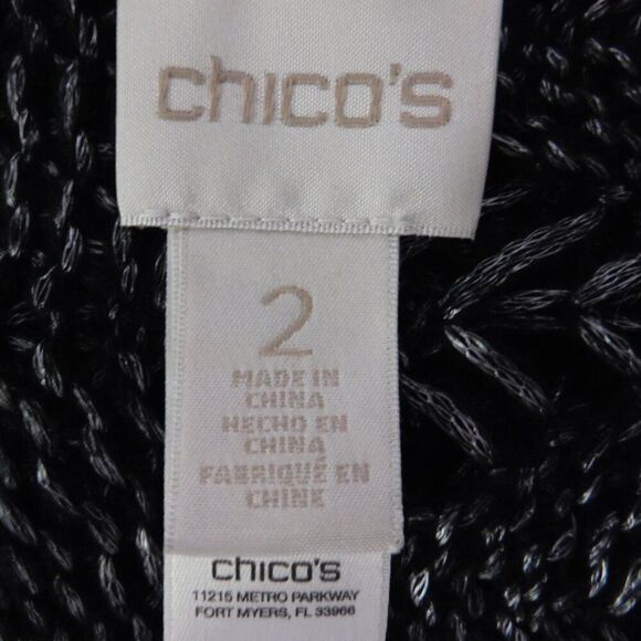 Chicos Size 2 Sweater Open Knit Black Gray Metallic Knit Elbow Sleeves Cover Up - Picture 4 of 7
